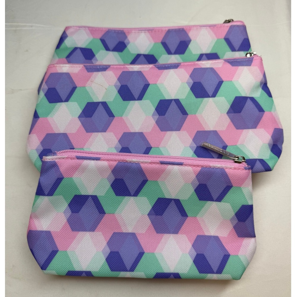 Clinique Cosmetic Bags Set of 3 Multicolored Lined Zip Geometric Print‎ Travel